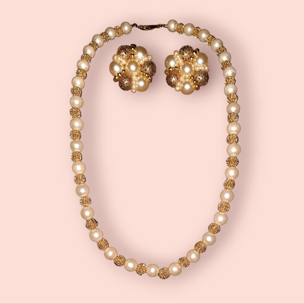Vintage 60s set faux pearl and goldtone dressy necklace and clip on earrings